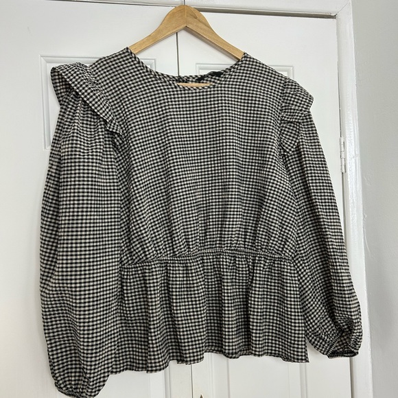 George top UK 16 black beige gingham check plaid frill blouse - Picture 2 of 9